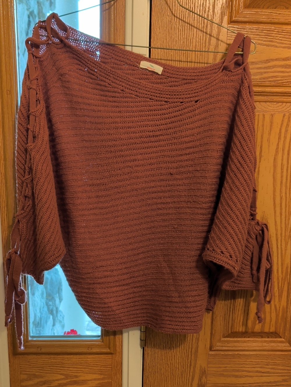 Hummingbird Dusty Rose Open-Knit Tie-Sleeve Sweater